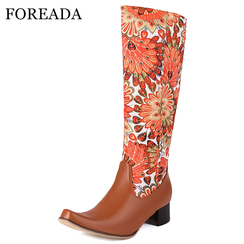 

FOREADA Women Knee High Boots Square Toe Thick Mid Heels Mixed Colors Zipper Embroidery Long Boots Ladies Shoes Autumn Winter 46