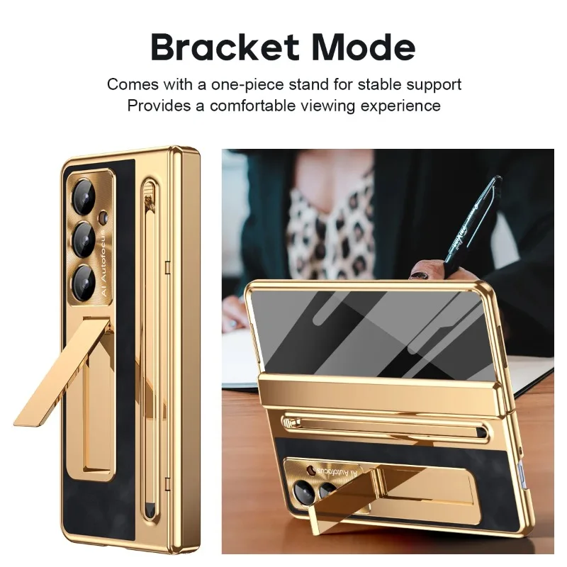 Premium Electroplated Matte Leather Hinge Case with Pen Slot and Touch Pen Holder