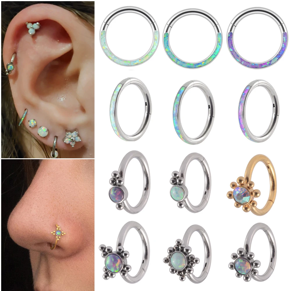 

1PC G23 Titanium/316L Stainless Steel Opal Septum Clicker Nose Hoop Ring Zircon Daith Earrings Body Piercing Jewelry