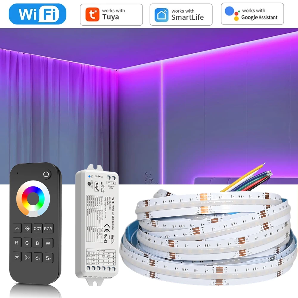 ไฟ LED แบบ COB RGB+CCT 10 เมตร 20 เมตร ควบคุมผ่าน WiFi Tuya พร้อมรีโมท RF 24V ปรับความสว่างได้ ไม่มีจุดไฟ ติดตั้งด้วยกาว ใช้ในห้องนอน รองรับ Alexa และ Google Assistant 1