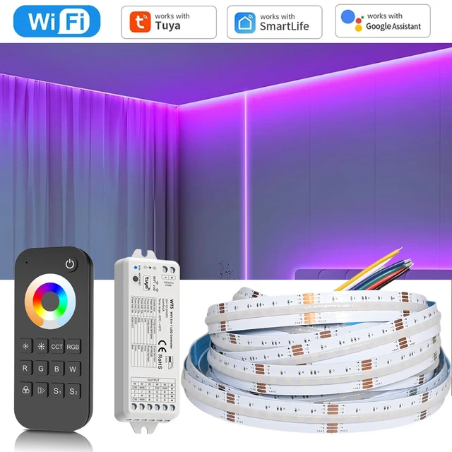 ไฟ LED แบบ COB RGB+CCT 10 เมตร 20 เมตร ควบคุมผ่าน WiFi Tuya พร้อมรีโมท RF 24V ปรับความสว่างได้ ไม่มีจุดไฟ ติดตั้งด้วยกาว ใช้ในห้องนอน รองรับ Alexa และ Google Assistant 1