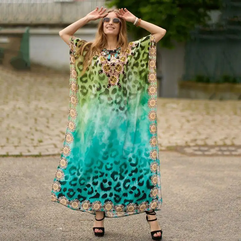 11 Colors New Boho Print Bikini Cover-ups Sexy Batwing Sleeve Maxi Dress Women Moroccan Kaftan Robe Beach Wear Rode Plage Sarong