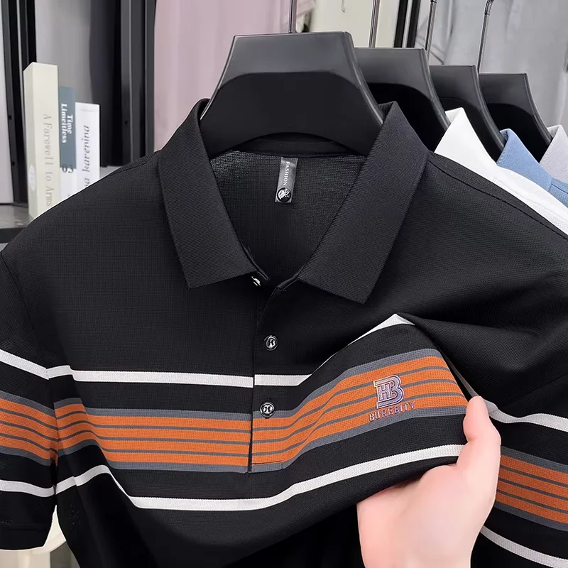 High end trend brand pure cotton polo shirt classic striped summer comfortable short sleeve men's T-shirt letter embossed top 19 Sd14e67830e214ec6bbe6e43c41c88aaaM