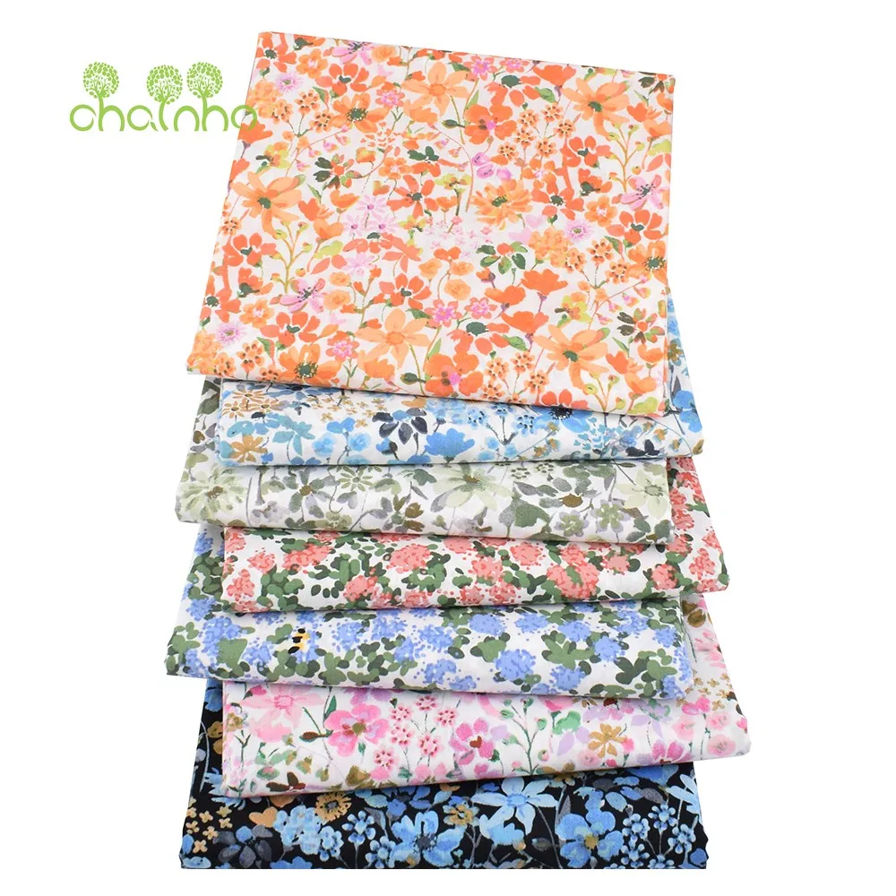 Chainho,Printed Plain Weave Poplin Cotton Fabric,DIY Quilting Sewing Material,Patchwork Cloth,Floral Series,3 Sizes,15PC162