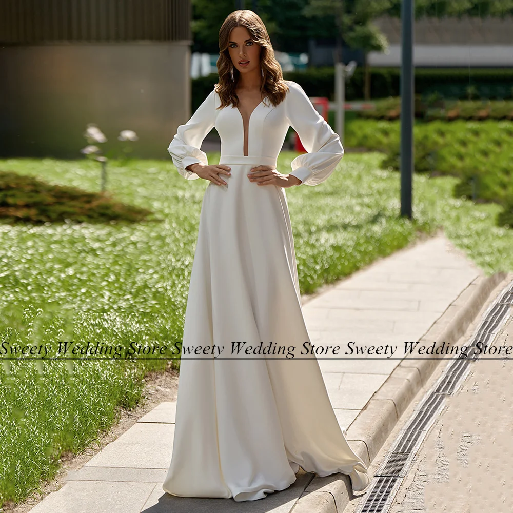 

Ivory Wedding Dress Jiayigong Bridal Gown Long Sleeves Deep V Neck Draped A Line Sweep Train Simple Bride Dresses Custom Size