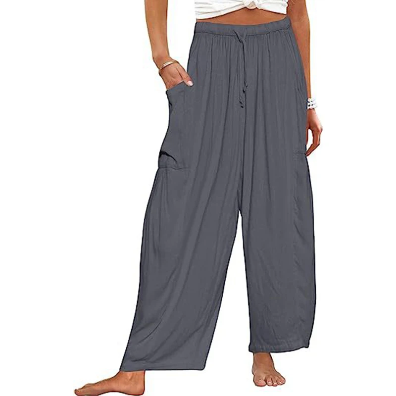 Spring Summer 2024 Ladies Casual Cotton Linen Bottoms Trousers Plain Women Vintage Full Length Elegent Solid Elastic Waist Pants