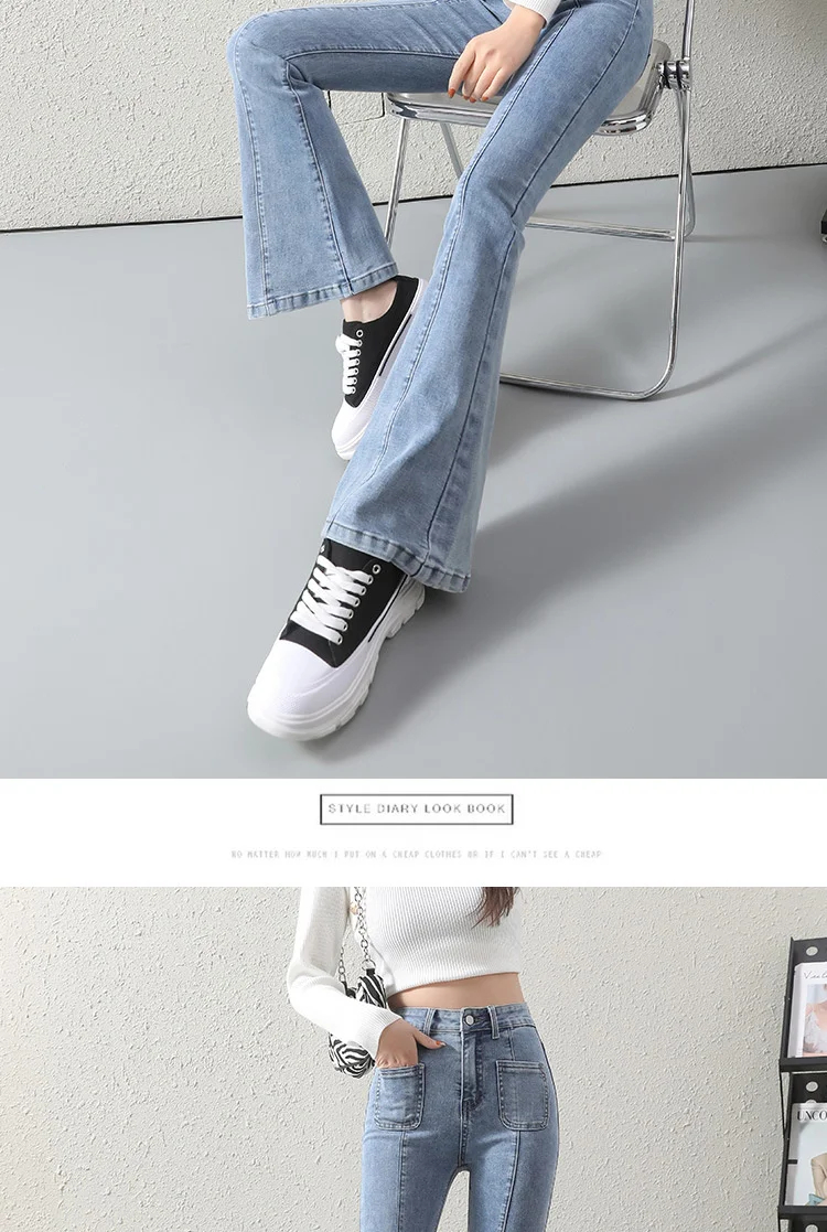Fashion Jeans Women's Spring 2022 New High Waist Slim Wide Elasticity Flared Pants Sky Blue Trousers Pocket Design boyfriend jeans