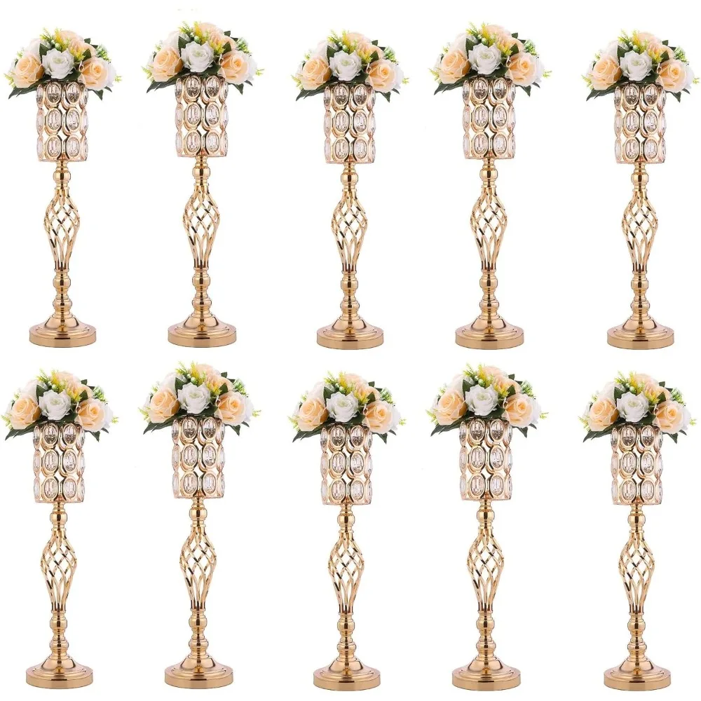 

Set of 10 Metal Diamond Crystal Wedding Centerpiece Vases for Tables, 24in Gold Versatile Tall Flower Flower Stands Party Décor