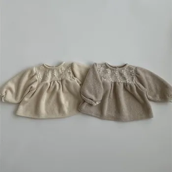 여아 플러스 벨벳 두꺼운 셔츠, 유아 긴팔 상의, 레이스 칼라, 따뜻한 셔츠, 어린이 의류, 2023 겨울 신상