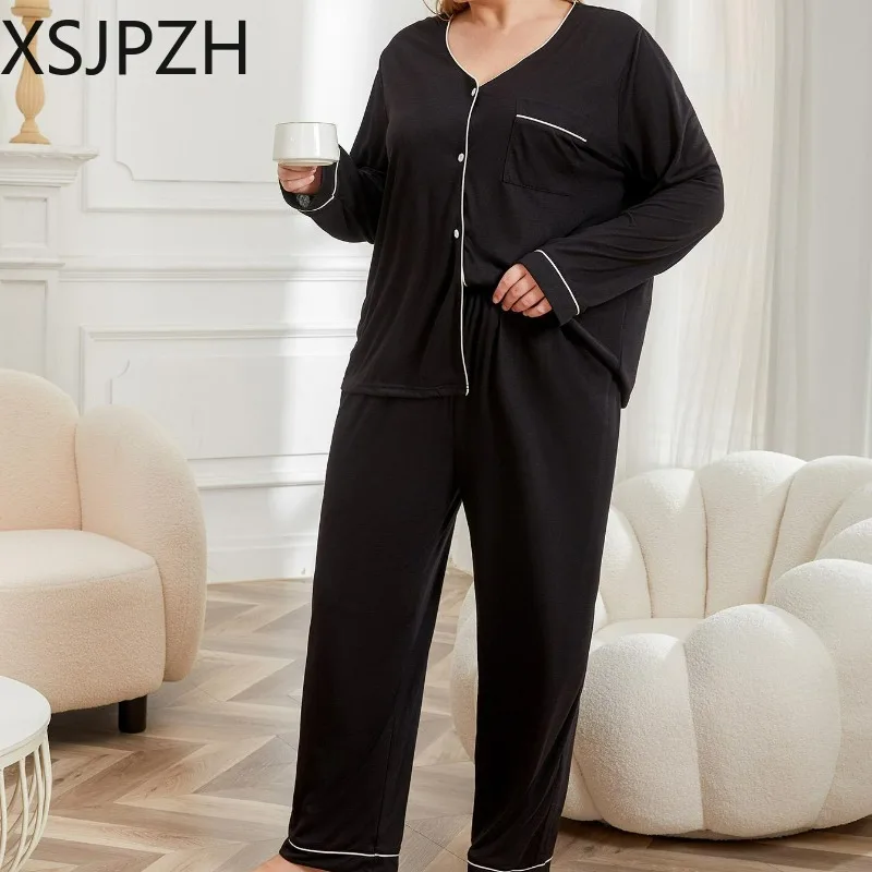 

WPTCXH2023 Fashion New Autumn Winter Large Size V Neck Satin Face Pajamas Long Sleeve Long Trousers Loungewear Home Wear Suit