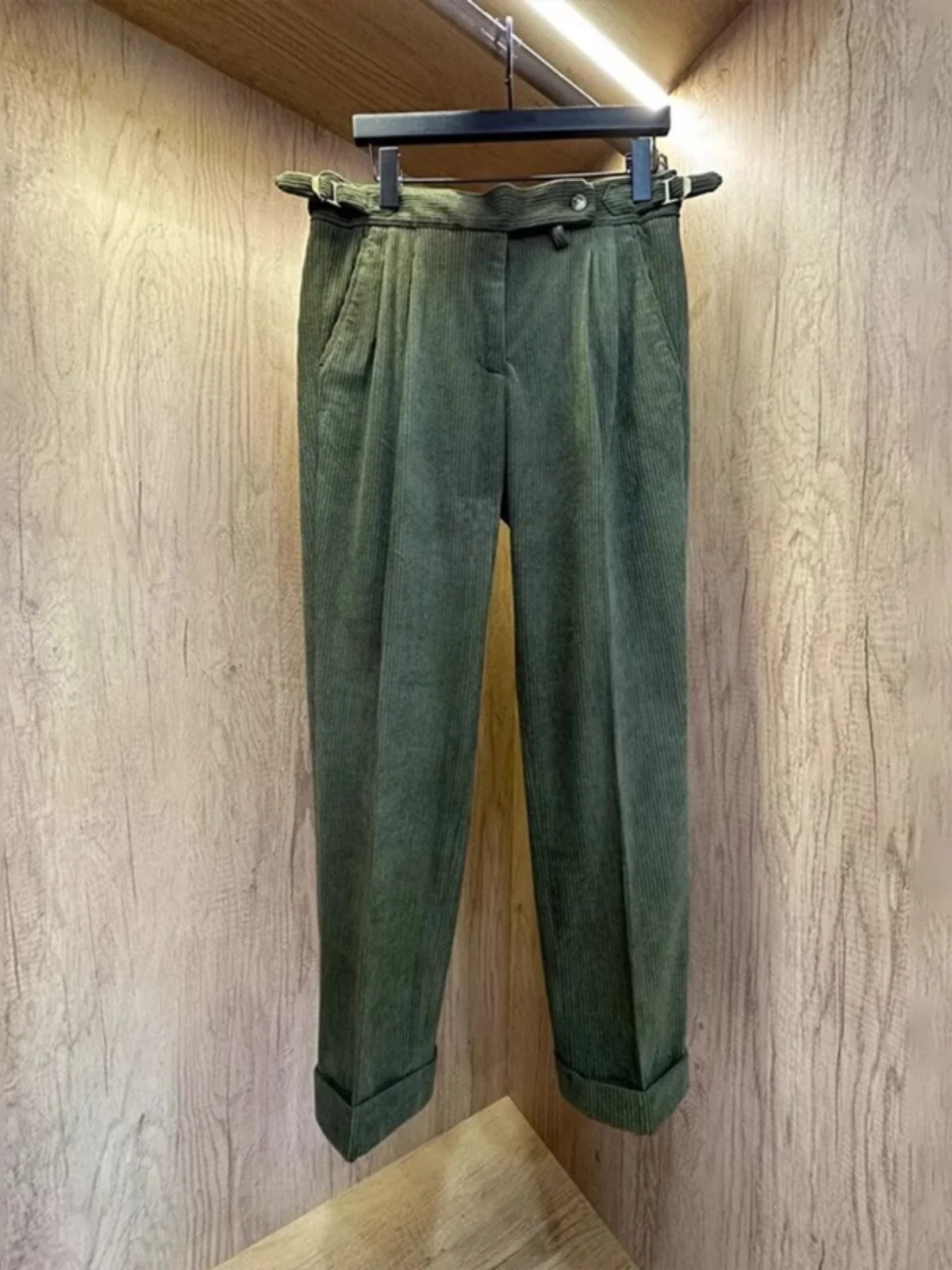 Autumn Winter Italian Vintage Naples Paris Button Corduroy Cuffed Busin Casual Trendy Long Pants Straight Leg Pants