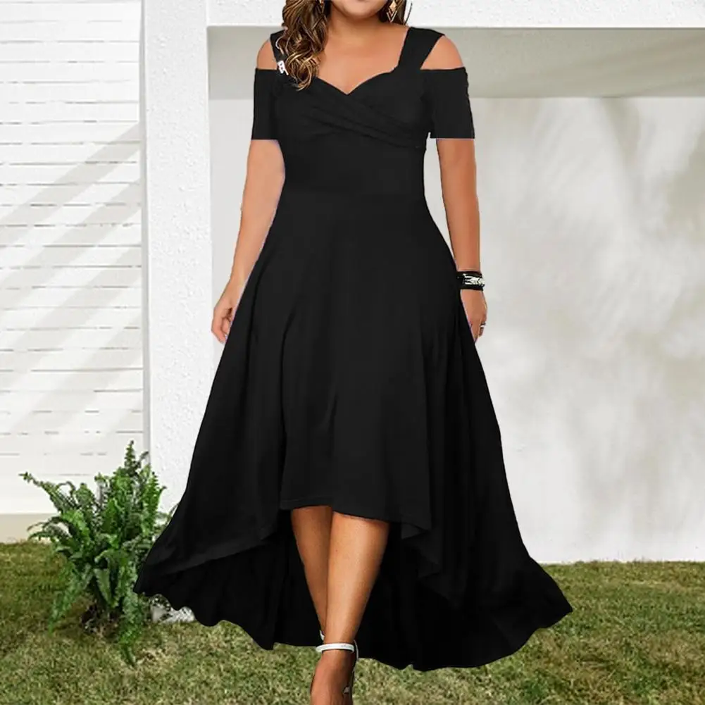 

Flowy Long Dress Elegant Plus Size Off-shoulder Summer Dress with Flared Hem V-neck for Women Sexy Solid Long Dress for Party