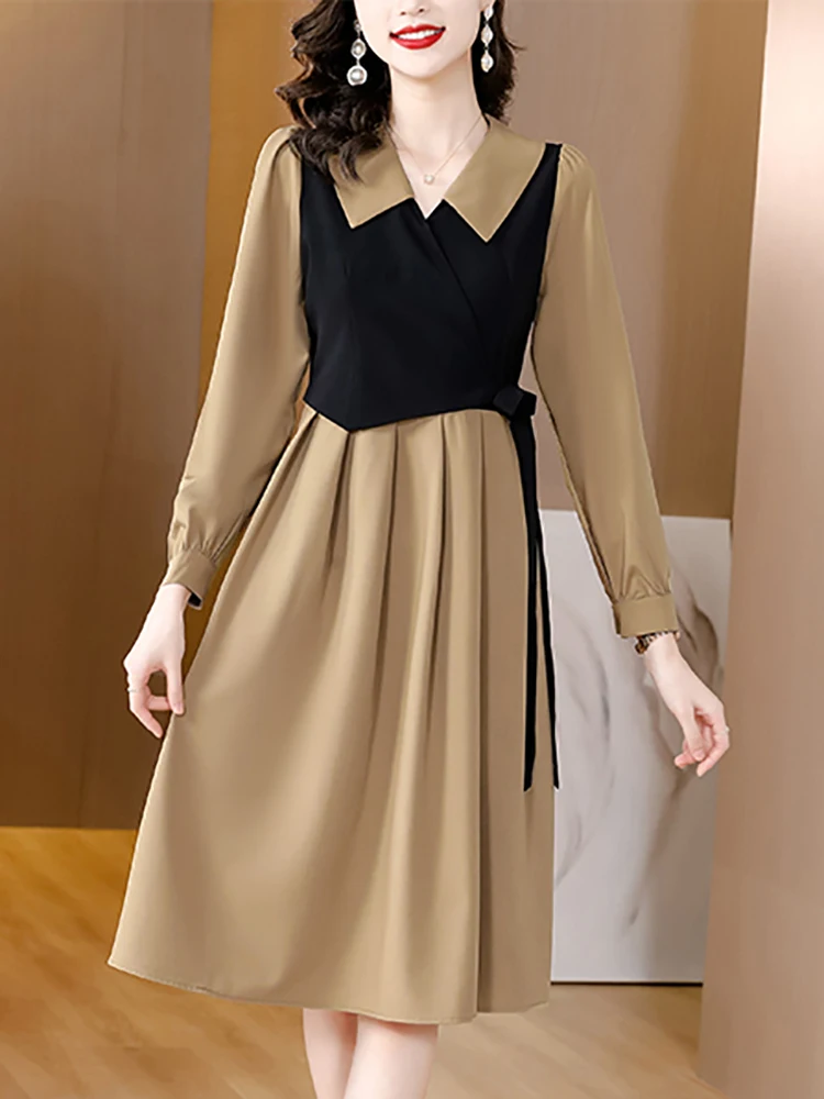 

Women Fashion Patchwork Fake Two Piece Midi Dress Autumn Polo Collar Chic Office Lady Dress 2024 Korean Elegant Bodycon Vestidos