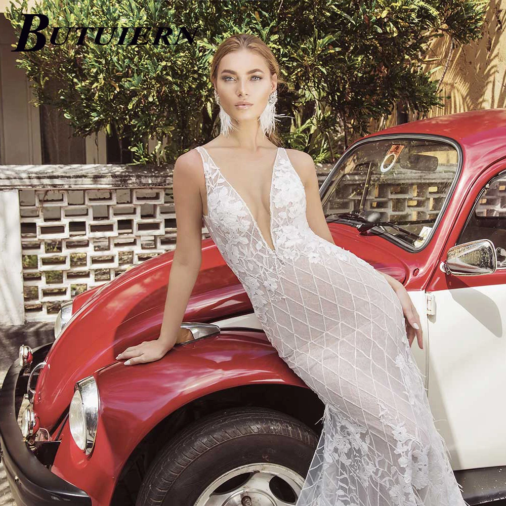

COZOK Sexy Exquisite Appliques Wedding Dress V-neck Lace Mermaid Bridal Gown Backless Floor Length With Court Train Custom Made