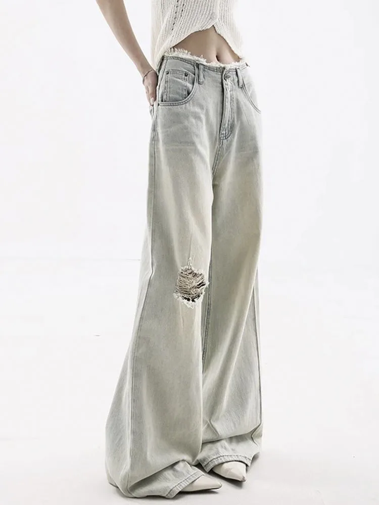 

Ripped Jeans for Woman Wide-leg Trousers Loose Femme Fashion Streetwear Denim Pants Punk Funny Harajuku Jeans