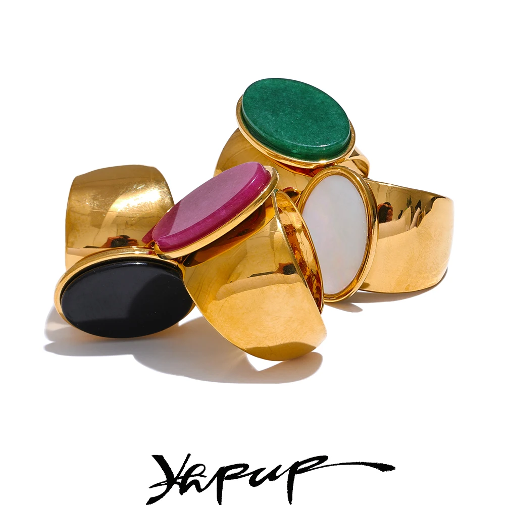Yhpup PVD Plated Stone Stainless Steel Gold Color Wide Ring