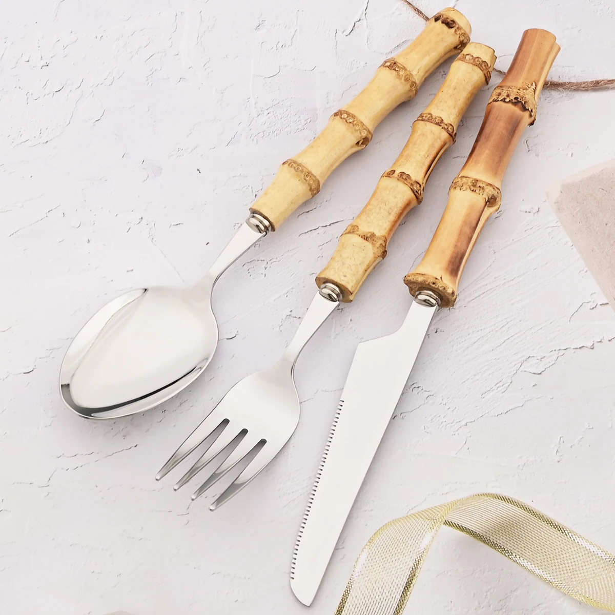 1Pc Wood Bamboo Root Handle Cutlery 304 Stainless Steel Dinnerware Serving Fork Spoon Salad Fork Spoon Coffee Tableware