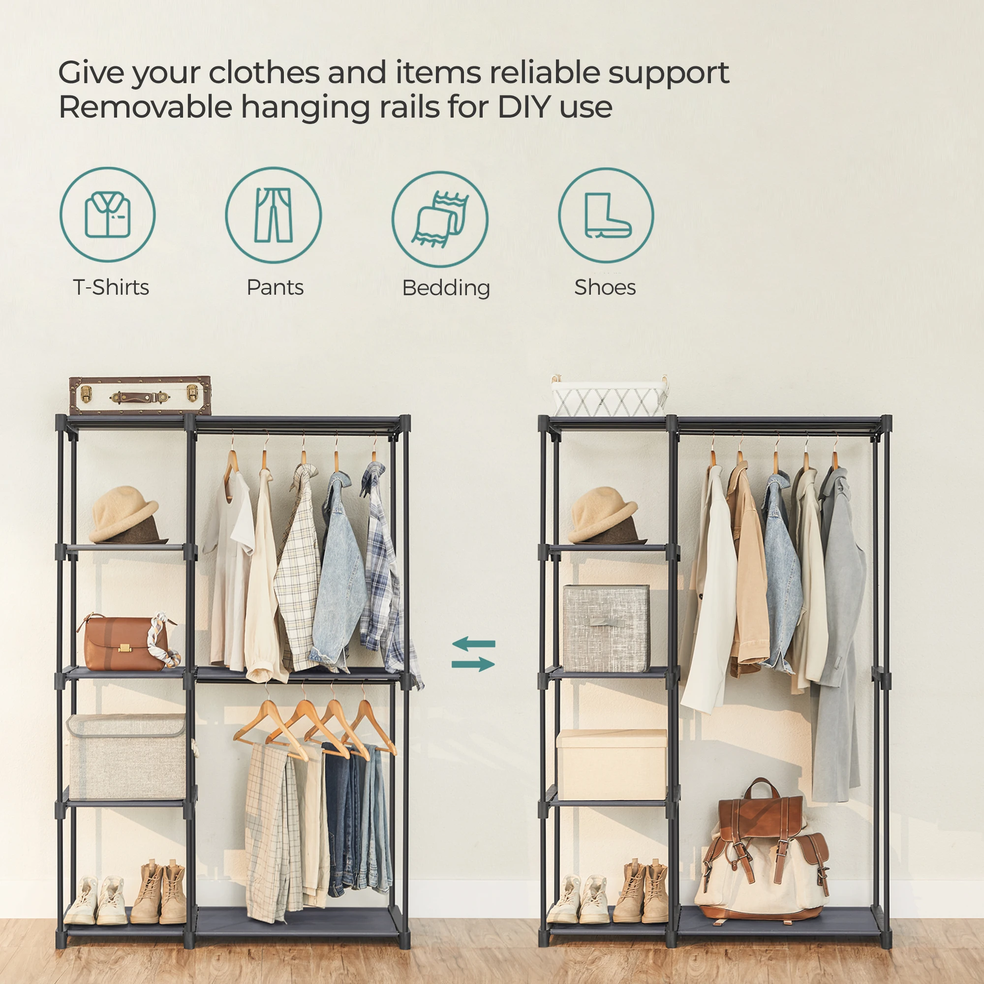 SONGMICS Portable Closet, Freestanding Closet Organizer, Clothes Rack with Shelves, Hanging Rods, Storage Organizer 3
