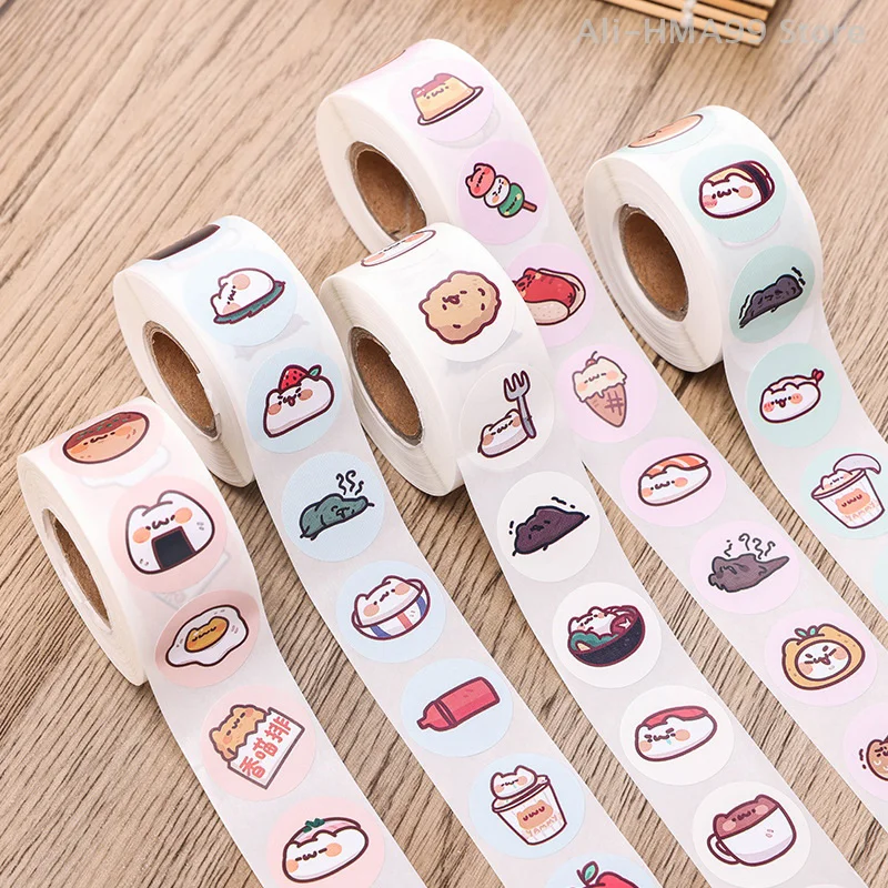 500Pcs/Roll 2.5cm/1inch Circular Cute Cartoon Sushi Pattern Decorative Sticker Baked Dessert Lunch Box Label Decor Sticker