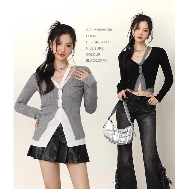 

Женский трикотажный Асимметричный свитер контрастных цветов Y2K, облегающий Кардиган с длинным рукавом и V-образным вырезом, укороченный топ в стиле пэчворк