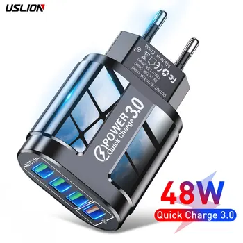 USLION 휴대용 벽 모바일 고속 충전기, 아이폰, 샤오미, EU, KR, AU 플러그용, 4 포트 USB 고속 충전 3.0, 48W 전화 어댑터