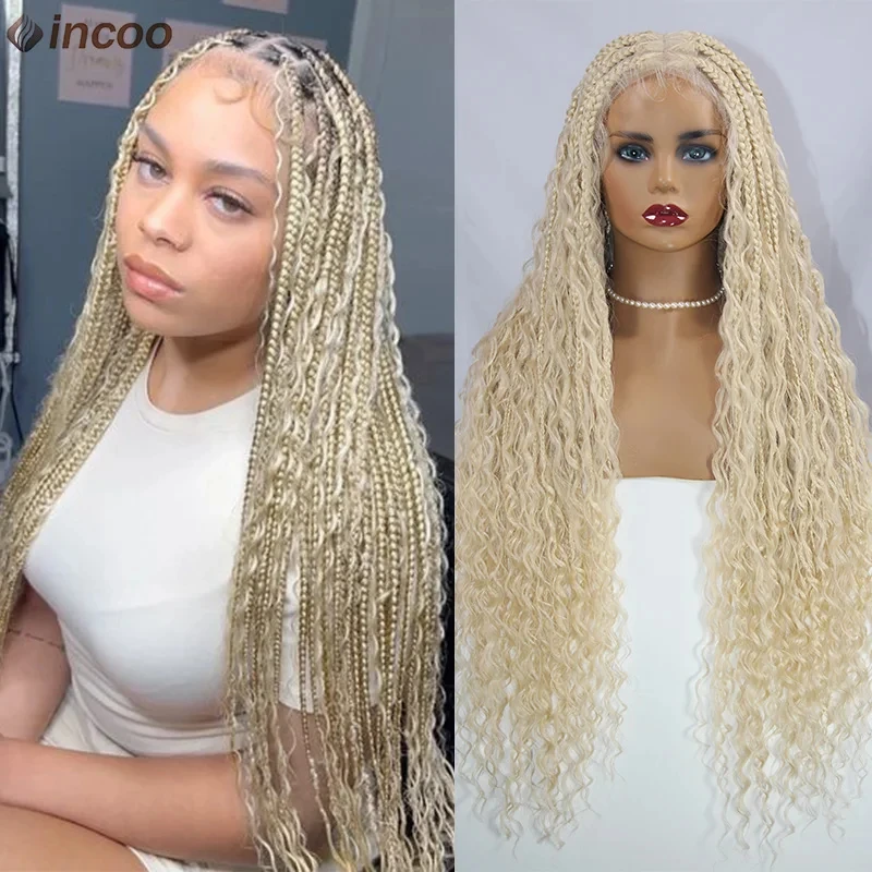 Blonde Bohemian Box Braids Wigs With Curly Hair Synthetic Braid Lace Frontal Wigs Goddess Locs Braided Wigs Burgundy Hair 32