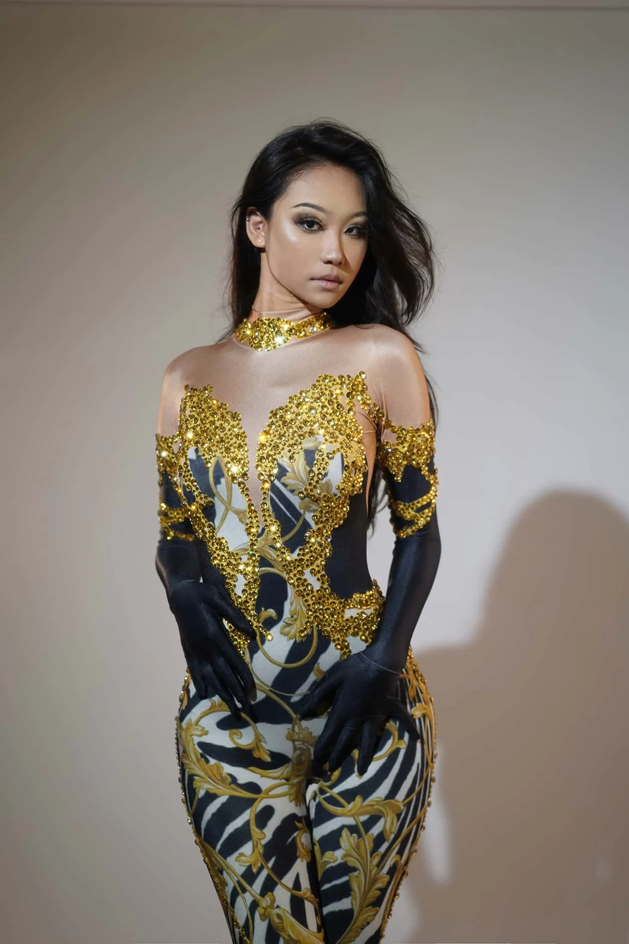 slim fit dress slacks Zapaka Women Golden Leopard Holiday Dress with Slit Metallic Cut Out Halter Long Party Dress, Coffee Leopard / US4 main image 0
