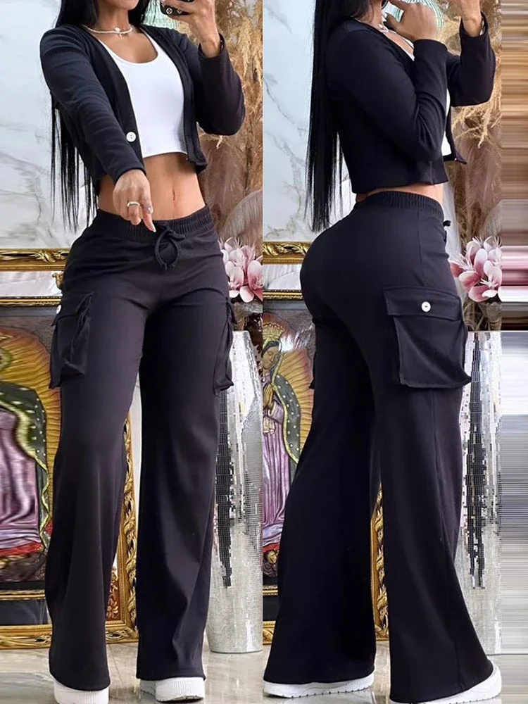 

Sets Outifits 2023 New Tape Patch Ribbed Crop Coat & Pants Set of Two Fashion Casual Pieces for Women Tracksuits Elegant Female