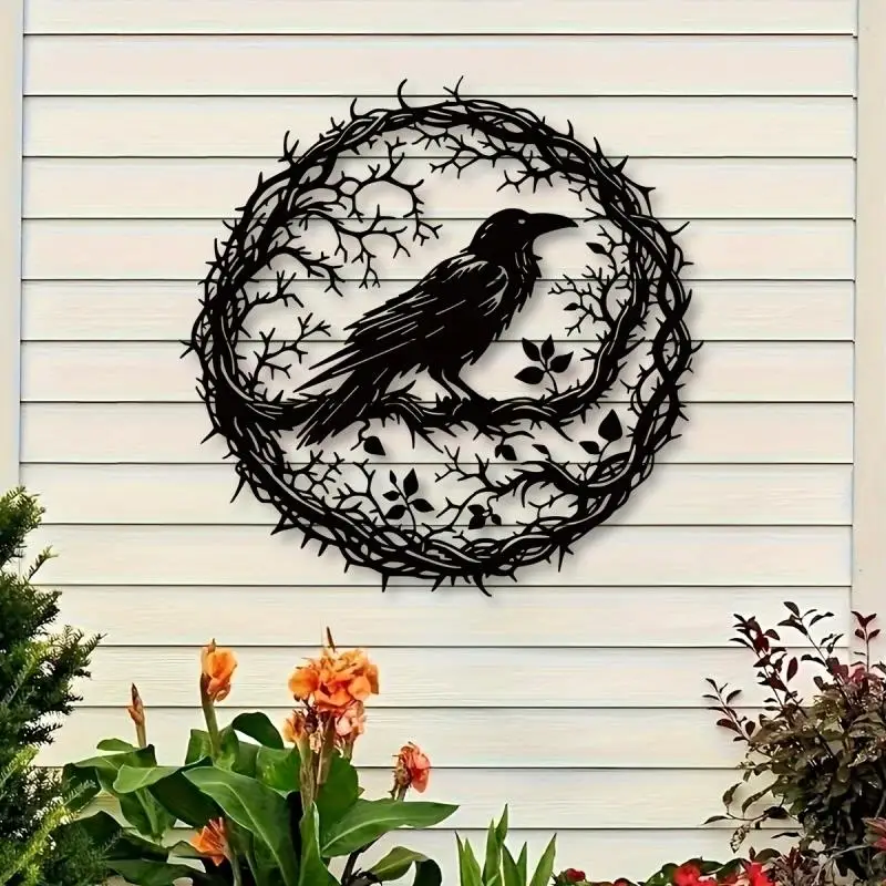CREATCABIN Cuervo Decoración Pared Metal Cuervo Decoración Arte Pared Escultura Pájaro Negro Decoración Colgante Letrero Pared Rústico Adorno Hueco Para Sala Estar,Hogar,Oficina,Jardín,30×24cm