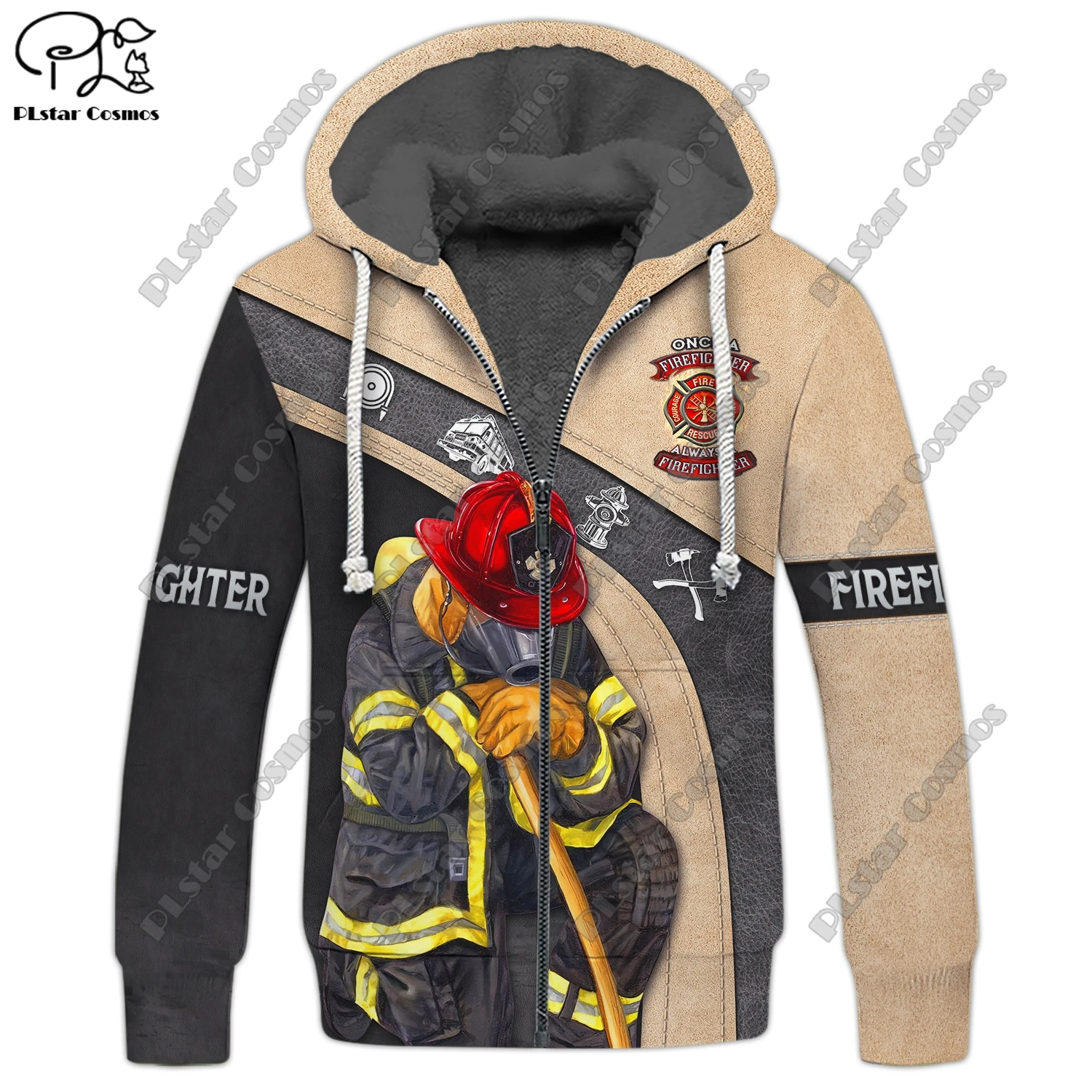 3D printing customized name new firefighter pattern warm hooded thickened jacket zipper fleece hoodie winter jacket casual 6