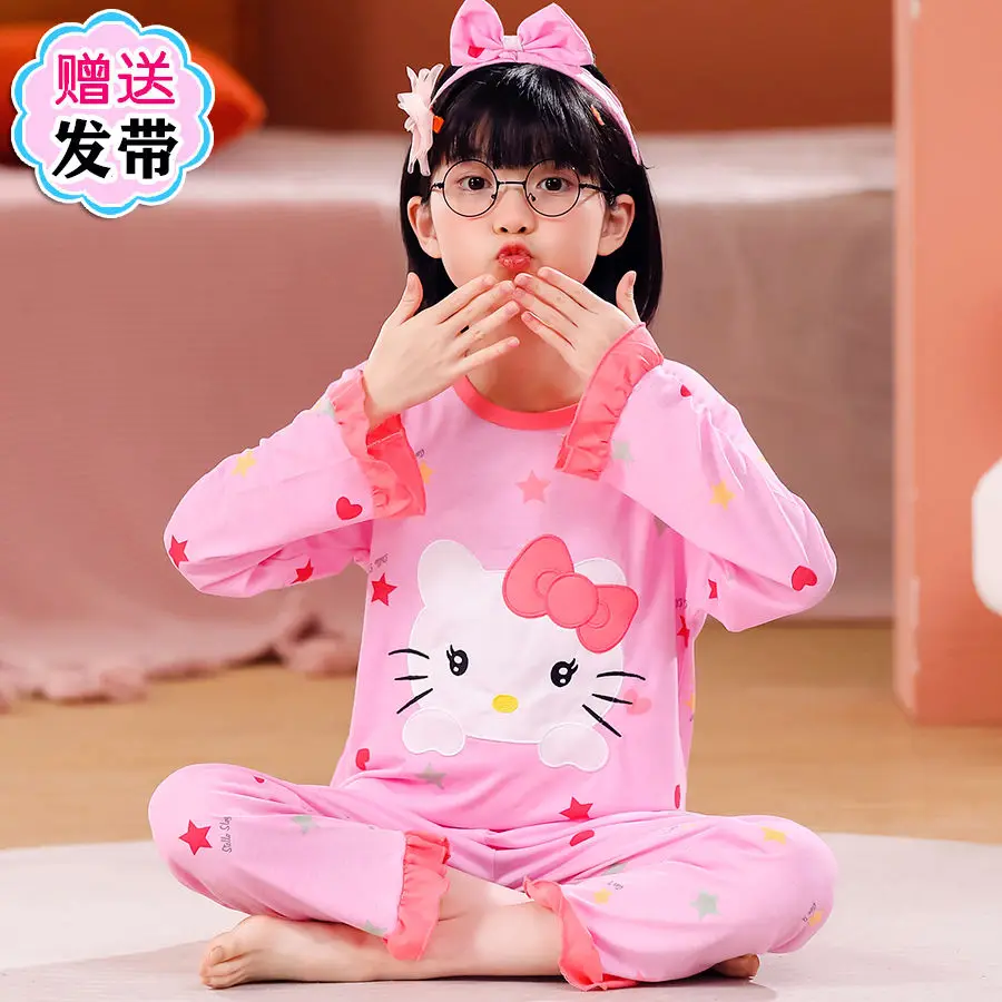 

Sanrio Kids Hello Kitty Spring Autumn Pajamas Loungewear Anime Figure 23 Children's Clothing 2 To 8 Years Cartoon Cute New Style