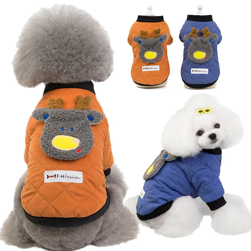 Plush Lined Warm Dog Jacket WIth Cute Deer Decoration Cold Weather Pet