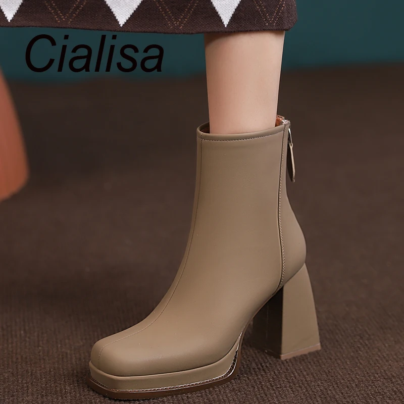 

Cialisa Autumn Winter Shoes Platform Women Ankle Boots Square Toe Genuine Leather Thick High Heel Zipper Lady Short Boots Black