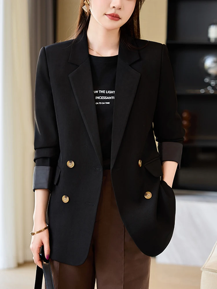 ZJYT Double Breasted Blazer for Women Spring Autumn Jackets Coats Long Sleeve Turn Down Collar Outerwear Office Work Veste Femme