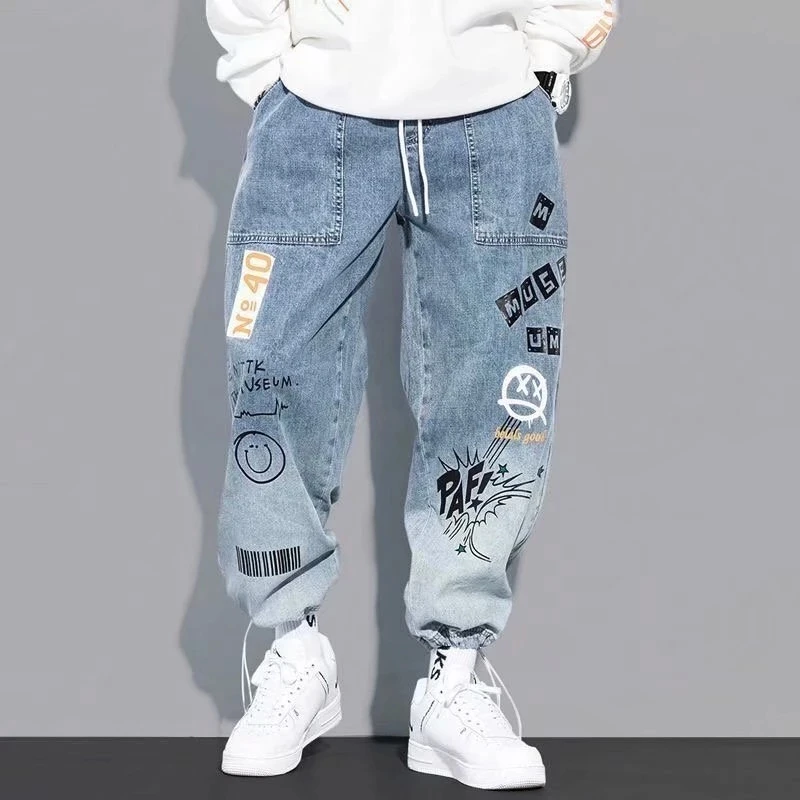 

New Letter Print Jeans Men's Tide Loose Cartoon Graffiti Skinny Pants Ins Drawstring Pants Jogger Cargo Pants