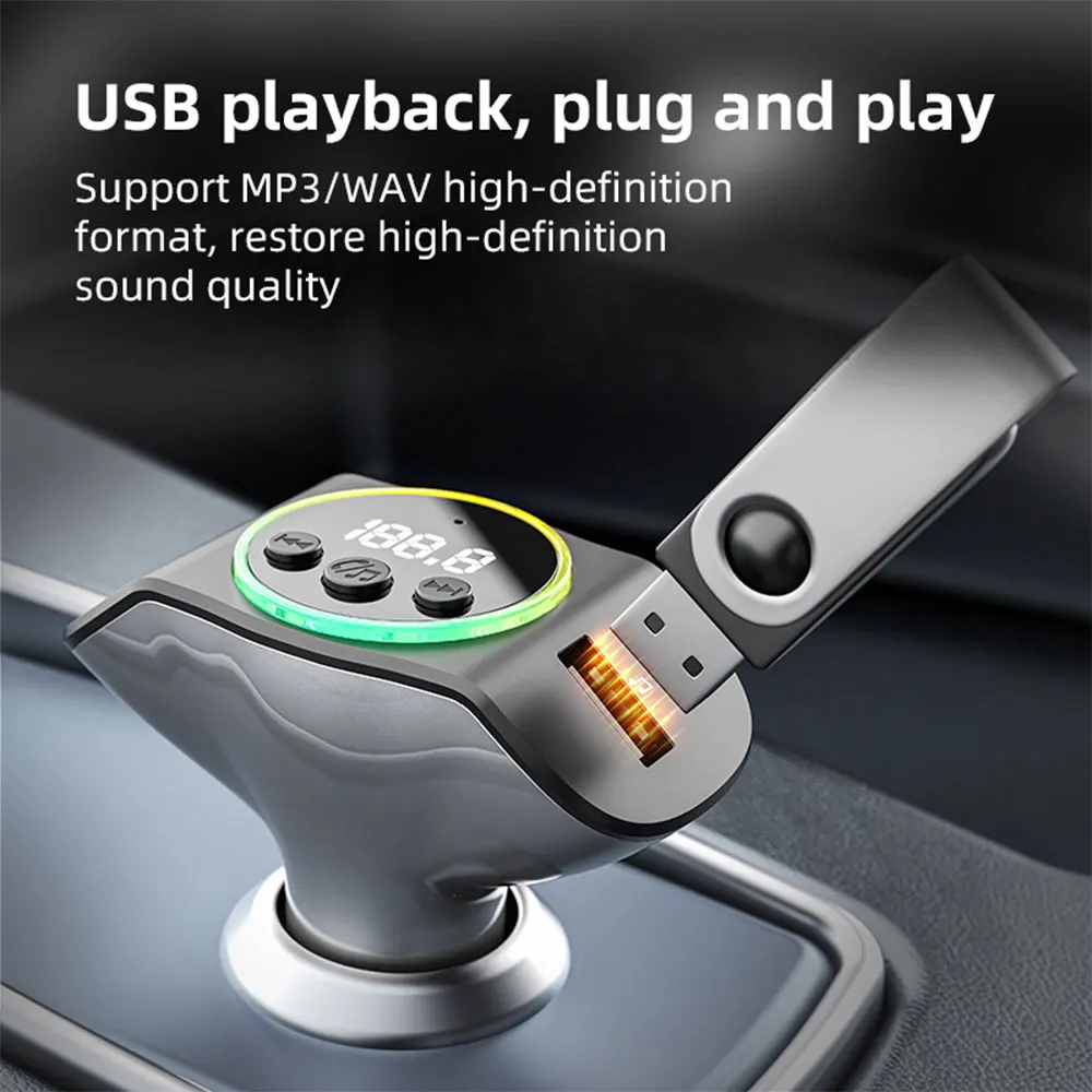 PD30W+QC3.0 Bluetooth 5.3 Car MP3 Player FM Transmitter Wireless Handsfree U Disk Play Music USB Type-C Car Fast Charger Adapter — view 4