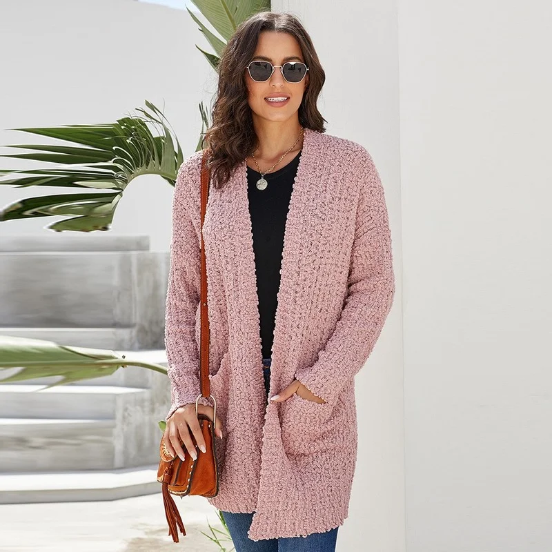 

Women Trendy Casual Long-sleeve Knitted Sweater Coats Winter Loose Mid-length Cardigan for Lady Autumn Solid Vintage Windbreaker