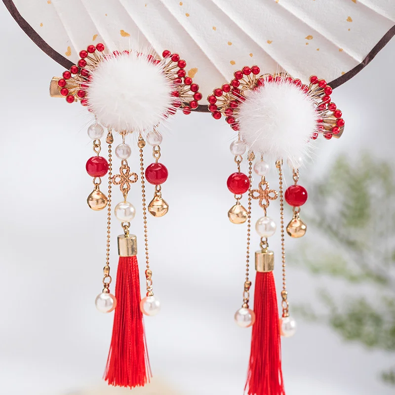 Ein Paar Hanfu-Kopfschmuck, Haarnadeln, Pompons, rote Quasten-Haaraccessoires und festlicher Haarschmuck im neuen chinesischen Stil