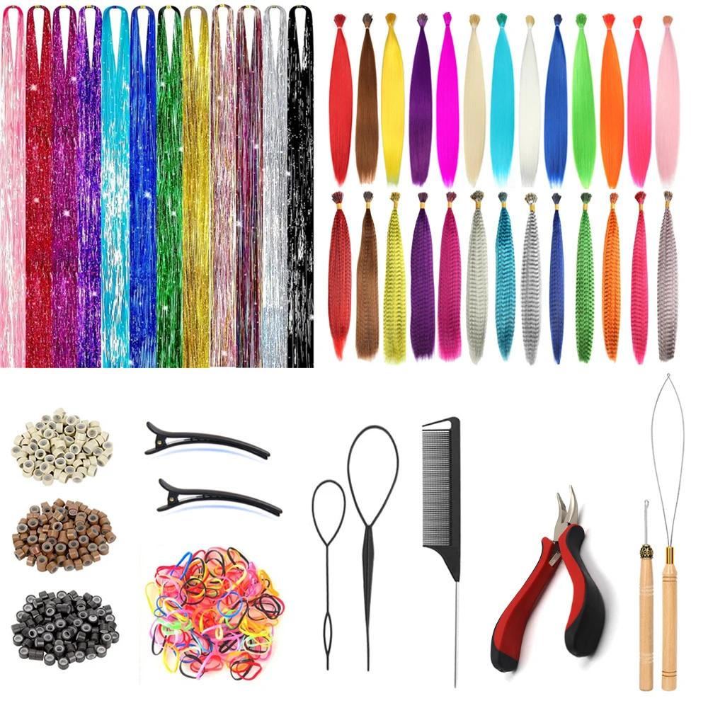 48Pcs Women's Colorful Synthetic Hair Extensions Set 38 Colors Tinsel Wig 26 Colors Feather Extensions Tool Kit for Hairdressing hair extensions