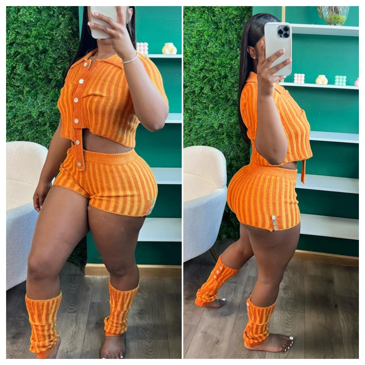 Striped Knitted Women Two Piece Set Detachable Flare Sleeve Turn Down Collar Single Breasted Asymmetrical Crop Tops Shorts Suits hollow apricot leather protective handles for bags handles handbag shoulder strap sleeve loop detachable crossbody accessories