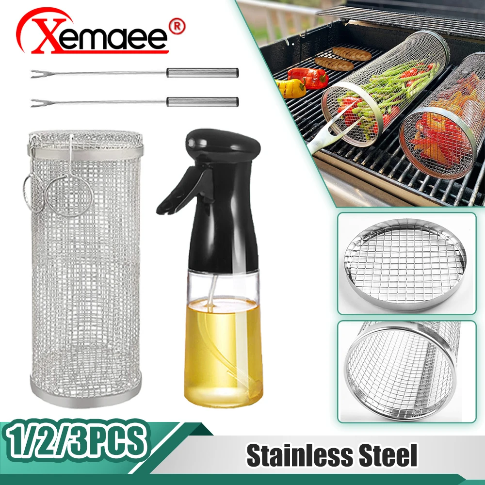 Rolling Grilling Stainless Steel BBQ Cylinder Grill Basket Mesh Camping