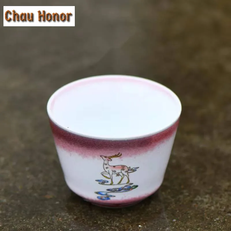 130ml Creative Kiln Change Ceramic Teacup Underglaze Red Printing Deer Tea Bowl Large Master Cup Coffee Mug Kung Fu Teaware Gift