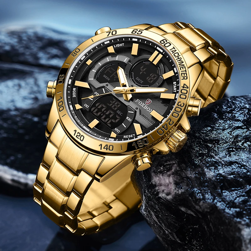 LIGE Luxury Original Men Sports Wrist Watch Gold Quartz Steel Waterproof Dual Display Clock Watches Relogio Masculino For Men