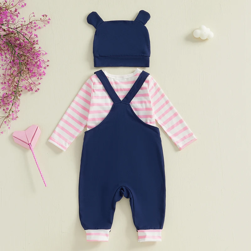  소녀 가을 복장 줄무늬 긴 소매 Romper 기린 자수 전체 바지 모자 3 Pcs 세트