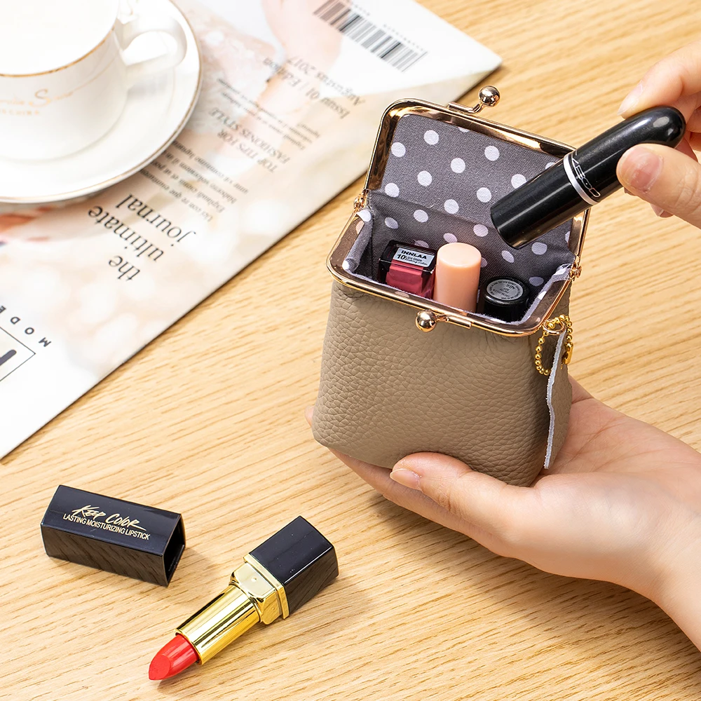 Elegant Women's Real Leather Cosmetic Bag with Golden Hasp - Compact Makeup and Coin Pouch