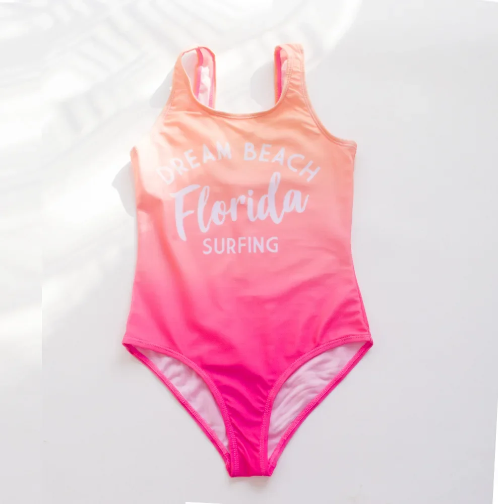 Children One Piece Swimsuit Fashion teen Girls Letter Printed Shiny Swimwear 7~14Years