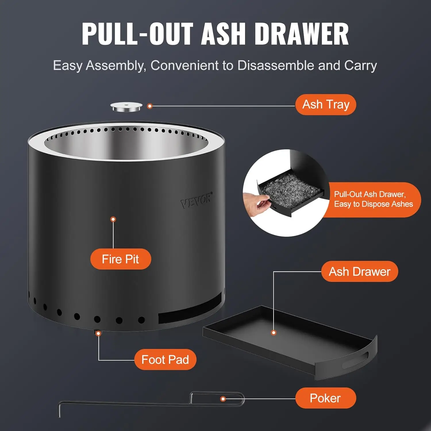 28 inch Smokeless Fire Pit Stove Bonfire, Wood Burning Fireplaces with Removable Ash Pan, SUS430 Stainless Steel