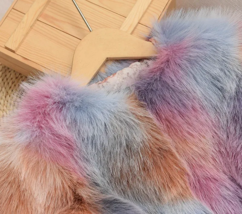 Winter Patchwork Fur Coat for Girls Short Round Neck - Uniqwear