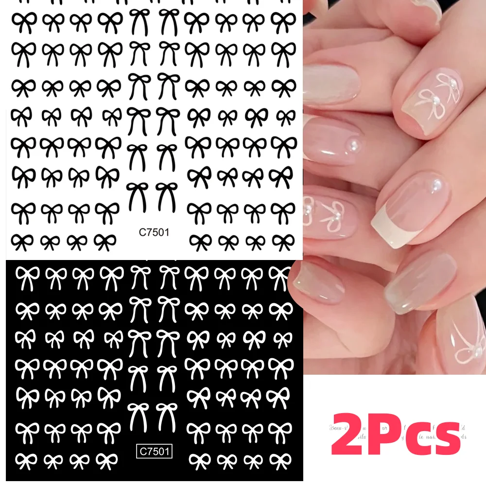 Nail Stickers 2Pcs 3D Black White Mini Bowknot Nail Stickers Pink/Red Lace Ribbon/Bow Self-Adhesive Nail Decals Decor Y2K Manicure Accesories