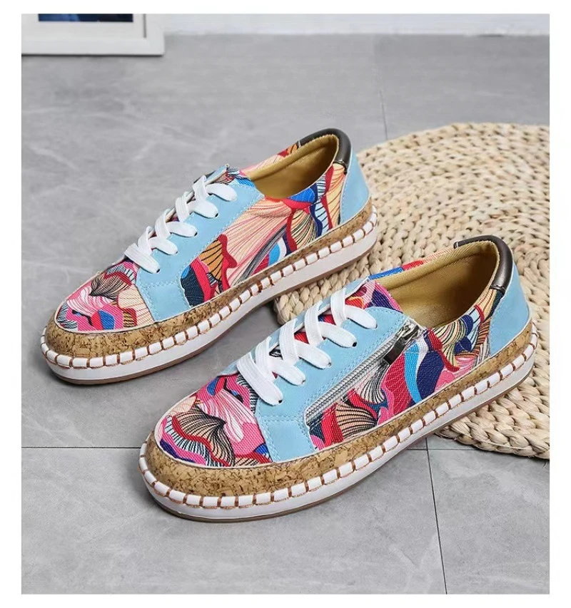 Women's Sports Shoes with Patterned Side Zipper Strap Casual Shoes, Fashionable Flat Shoes, Breathable Large Women's Shoes